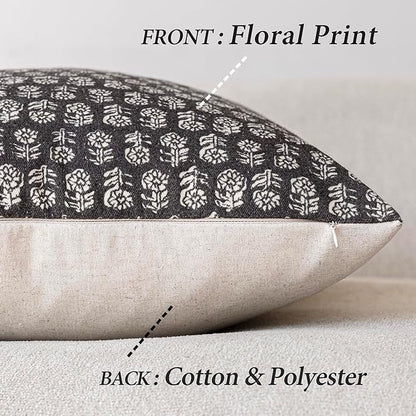 Foindtower Set of 2 Decorative Neutral Floral Print Throw Pillow Covers Vintage Accent Farmhouse Cushion Covers Boho Home Decor for Sofa Couch Chair Bedroom Living Room,18×18 Inch,Black