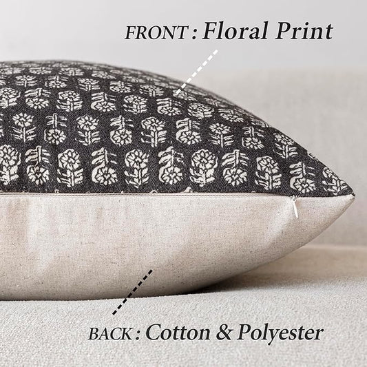 Foindtower Set of 2 Decorative Neutral Floral Print Throw Pillow Covers Vintage Accent Farmhouse Cushion Covers Boho Home Decor for Sofa Couch Chair Bedroom Living Room,18×18 Inch,Black