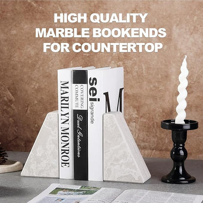Marble Bookends for Heavy Books, Decorative Book Ends for Shelves, Durable and Heavy-Duty Bookends for Hardback Book & CDS, Off-White Unique Books Stopper & Holder, Set of 2