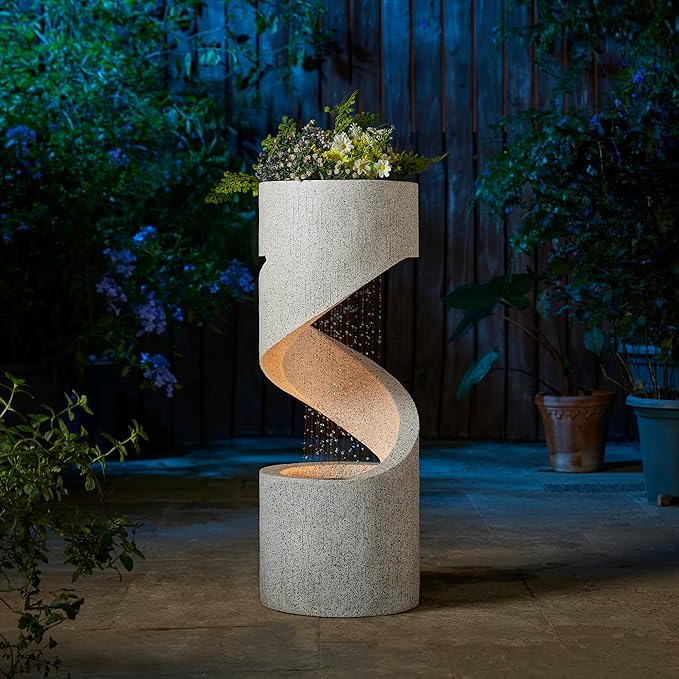 Glitzhome Decorative Tiered Outdoor Water Fountain with LED Light, Curved Waterfall Fountain with Stone Planter, Faux Terrazzo Spiral Shaped Fountains for Garden Deck Patio Porch, 31.25”H
