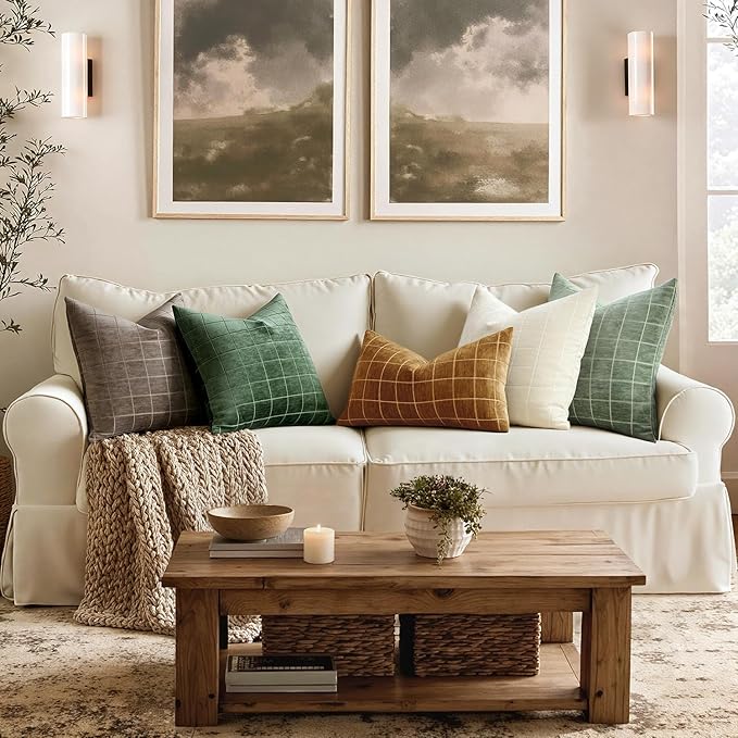 MIULEE Decorative Chenille Check Throw Pillow Covers Vintage Plaid Couch Pillows 22x22 Inch Set of 2 Neutral Boho Cushion Covers Modern Spring Home Decor for Sofa Bed Living Room Moss Green
