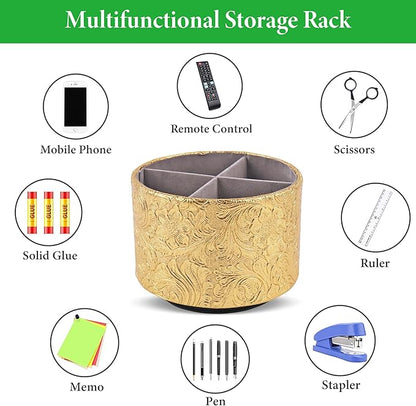 lizimandu Round Leather Art Supply Organizer,Remote Control Holder,360 Degree Spinning,Multi-Functional Pencil Holder,4 Compartments Desktop Stationary Organizer(1-Carved Gold)
