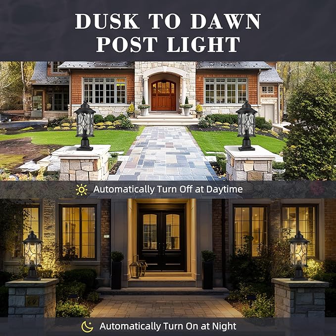 zeyu Pillar Light Outdoor, 16.9 Inch Dusk to Dawn Outdoor Light Fixture Post with Photocell Sensor, Exterior Post Lamp with Water Ripple Glass, ZX48MP PC WG BK