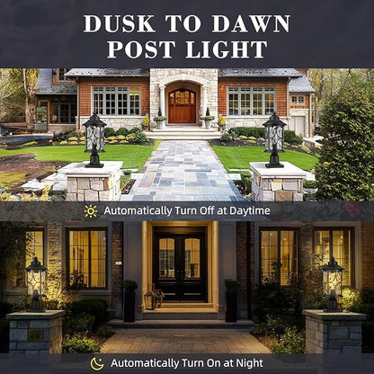 zeyu Pillar Light Outdoor, 16.9 Inch Dusk to Dawn Outdoor Light Fixture Post with Photocell Sensor, Exterior Post Lamp with Water Ripple Glass, ZX48MP PC WG BK