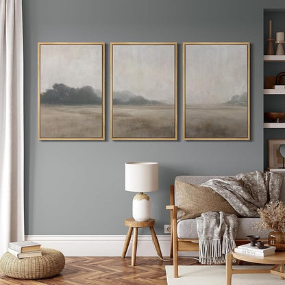 MUDECOR Framed Wall Art Print Set Serene MeadowTranquil Landscape with Foggy Fields and Distant Trees Illustrations Realism Decorative for Living Room, Bedroom, Office - 16"x24"x3 Natural
