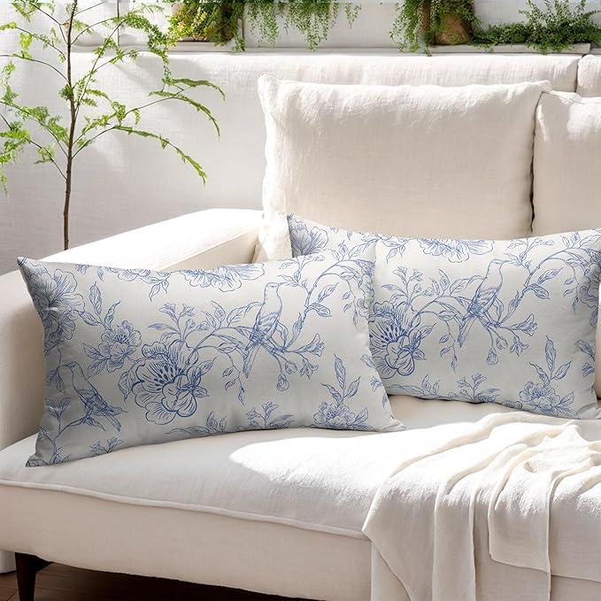 White Blue Chinoiserie Pillow Covers 12x20 Set of 2 Decorations Vintage Floral Throw Pillow Covers Boho Decor Rustic Pillowcases Farmhouse Pattern Soft Cozy for Sofa Bed Chair Home Decorative