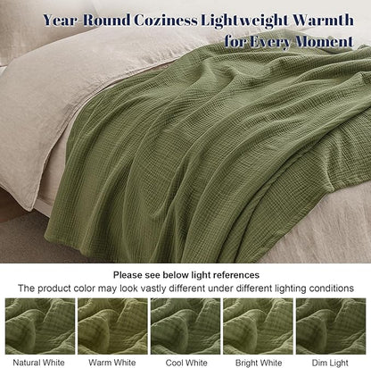 PHF 100% Cotton Muslin Blanket Twin XL Size 66"x90", 4-Layer Lightweight Gauze Throw, Breathable Cloud-Soft Minimalist Blanket for Bed, Couch, Camping & Baby, Olive Green, Ideal Gift
