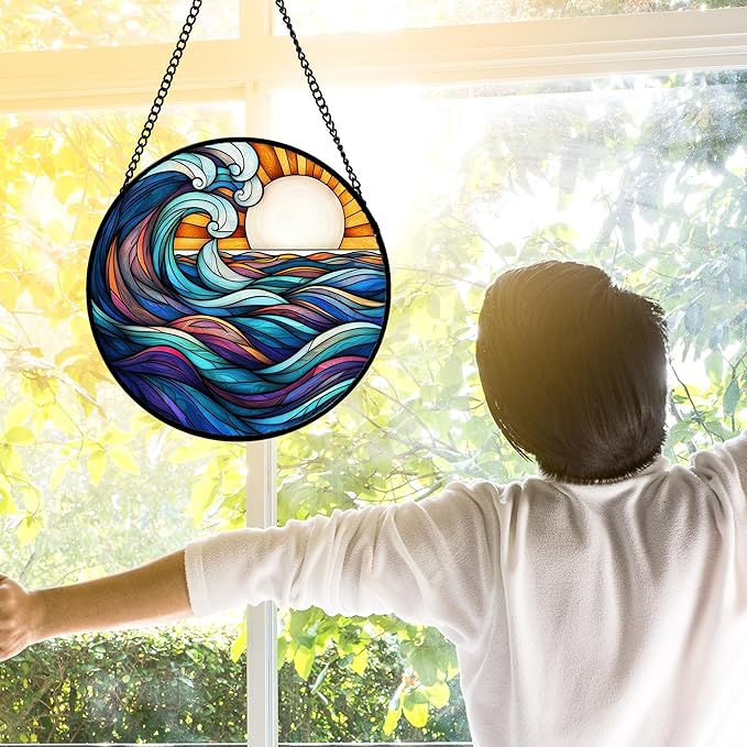 DASTOLL Stained Glass Window Hanging, Big Wave Sun Suncatcher Diamond Glass Panel Hangings Abstract Sun Catchers Decor for Birthday for Women, Men, Wife, Aunt, and Mom 11.8x11.8 in