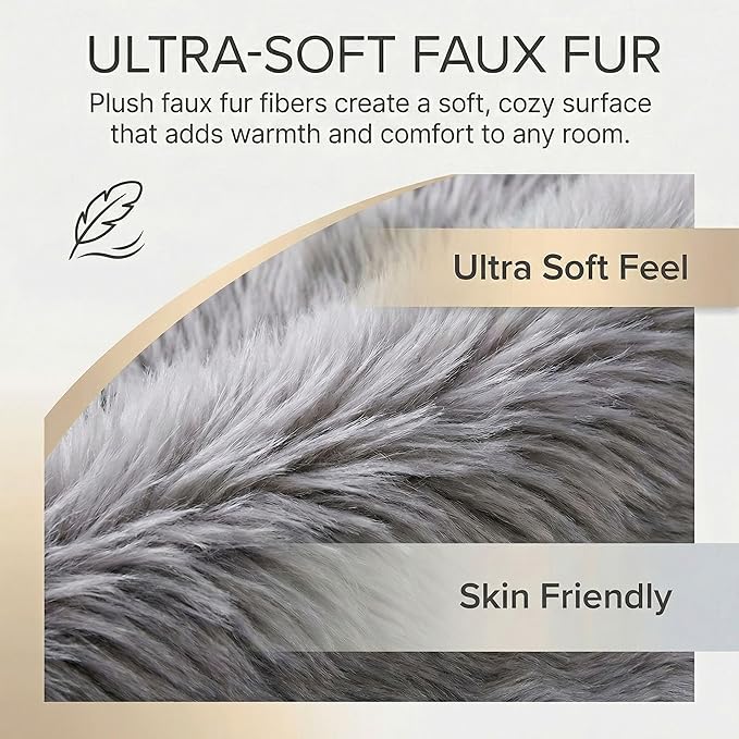 2 x 3 ft Fluffy Gray Rug – Soft Faux Fur Rug for Bedroom, Living Room, or Entryway – Cozy Faux Sheepskin Accent for Home Decor