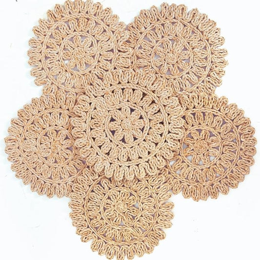 13.8” Set of 6 Round Woven Placemats from Natural Corn Husk, Boho Wicker Place mats, Rattan Round Placemats for Farmhouse and Spring, Summer Parties