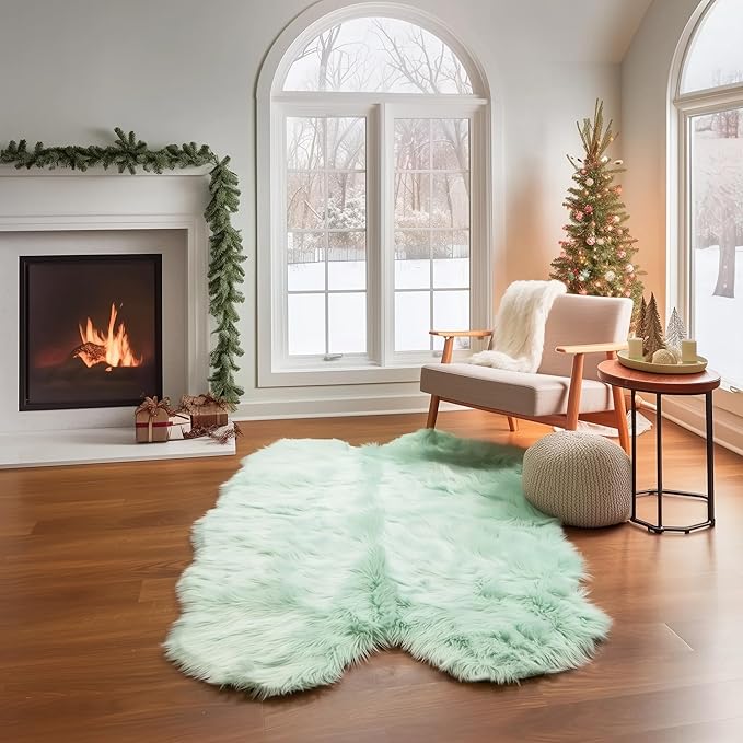 4 x 6 ft Fluffy Mint Green Faux Sheepskin Rug – Large Faux Fur Carpet for Bedroom or Living Room – Plush and Inviting Sheepskin Decor