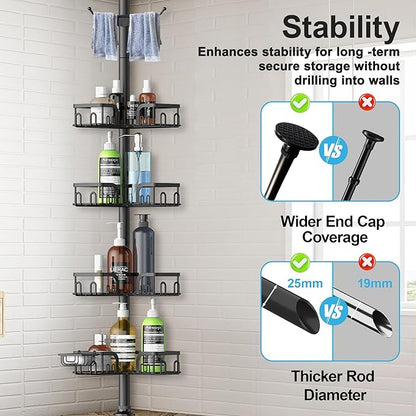 Corner Shower Caddy Tension Pole 4 Tier Adjustable Stainless Steel Shower Shelf for Inside Shower Bathtub Shampoo,Standing Bathroom Organizer Shelves with 39 to 113 inch Height