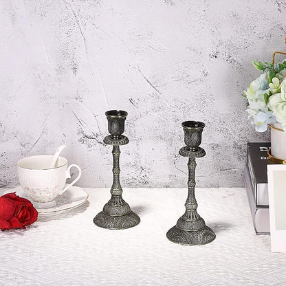 OwnMy Set of 2 Vintage Taper Candle Holders 7.4”Metal Taper Candlestick Holders, Elegant Brass Candle Stick Holders Bronze Candelabra Set for Dining Table Centerpieces Wedding Home Decoration