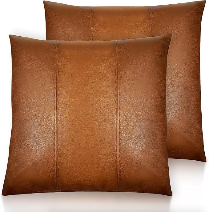 Faux Leather Throw Pillow Covers 24X24 Inch Set of 2 Brown Outdoor Modern Farmhouse Solid Decorative Pillow Covers for Room Couch Living Bedroom Bed Sofa
