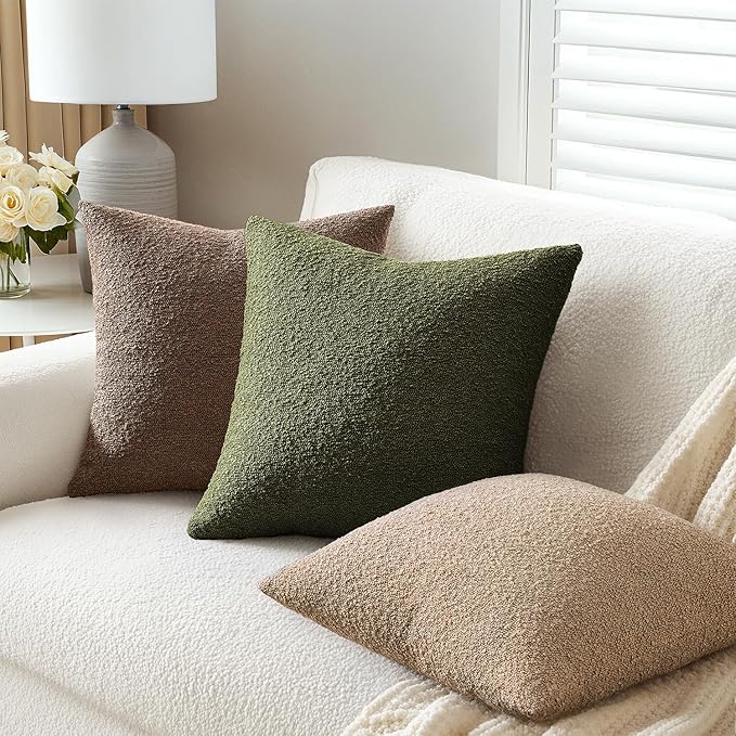 ANRODUO Pack of 2 Textured Boucle Throw Pillow Covers Soft Moss Green Decorative Accent Solid Pillow Cases Cozy Modern Couch Cushion Case for Sofa Bedroom Living Room Spring Home Decor, 20 x 20 Inch