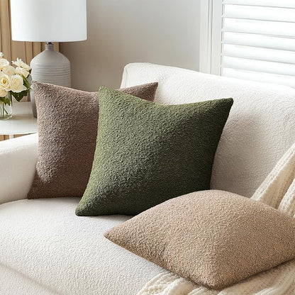 ANRODUO Pack of 2 Textured Boucle Throw Pillow Covers Soft Moss Green Decorative Accent Solid Pillow Cases Cozy Modern Couch Cushion Case for Sofa Bedroom Living Room Spring Home Decor, 18 x 18 Inch
