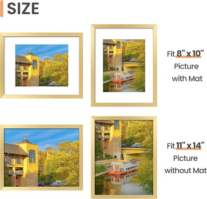 upsimples 11x14 Picture Frame Set of 5, Display Pictures 8x10 with Mat or 11x14 Without Mat, Wall Gallery Photo Frames, Gold