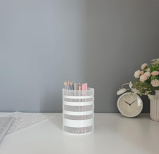 Metal Mesh Pen Pencil Cup Holder Stand Office Desk Organizer Stationery Caddy Makeup Brush Holder, White (Large)