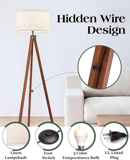 ELYONA Solid Wood Tripod Floor Lamp with 3 Color Temperatures LED Bulb, Mid Century Modern Reading Standing Light Nature Linen Shade Tall Night Light for Bedroom Living Room Office Study Room, Brown