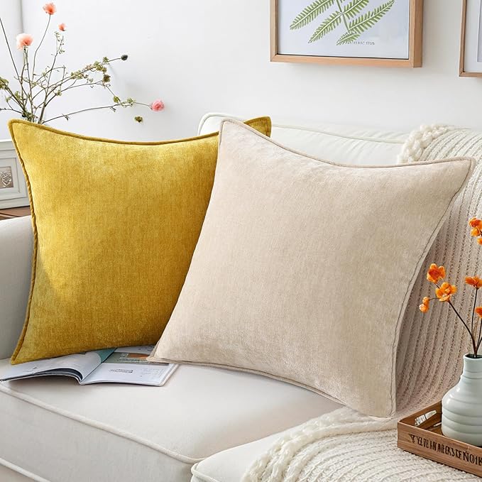 decorUhome Spring Couch Throw Pillow Covers 12x20 Set of 2, Decorative Soft Velvet Neutral Chenille Lumbar Pillow Covers with Elegant Design for Sofa Bed Living Room Home Decor, Mineral Yellow