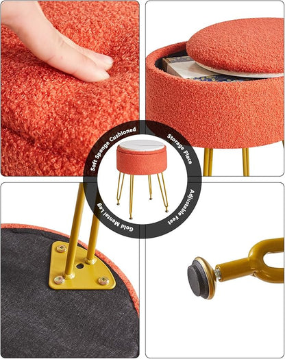 IBUYKE Teddy Velvet Storage Footrest Stool Ottoman, Makeup Vanity Stool Side Table with Removable Cover, Golden Steel Legs, Coffee Table Top Cover, Orange WBD010J