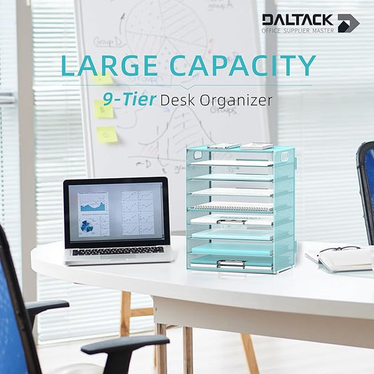 DALTACK 9-Tier Paper Letter Tray Desk Organizer with Handles, Mesh File Holder Organization, Paper Sorter Desk Organizer for Office Home School, Blue