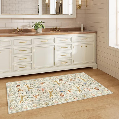DUKINO 2x5 Rug for Hallway, Washable Kitchen Runner Rug with Non Slip Backing, Soft Low Pile Vintage Animal Runner for Bedroom, Kitchen, Hallway, Entryway, Laundry, Beige