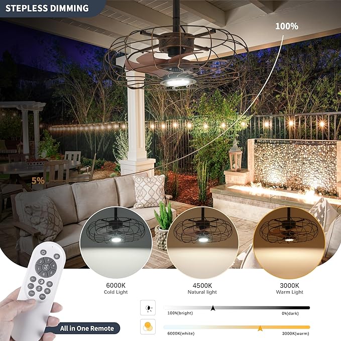 20" Outdoor Ceiling Fan with Light, with Remote and App Remote, IP65 Waterproof Gazebo Hanging Fan, 3CCT Dimmable, Portable Plug in Ceiling Fan with Cord Hook for Patio Porch Pergola (Antique Bronze)
