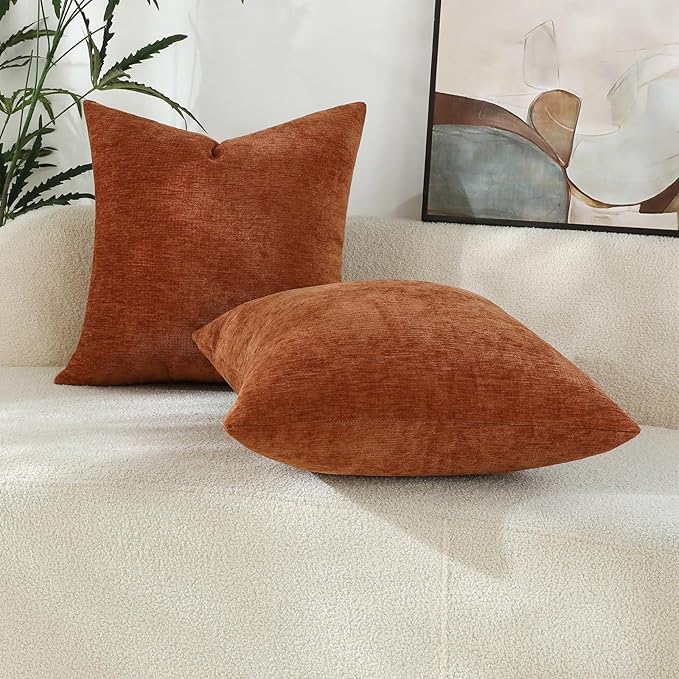 Terracotta Chenille Decorative Couch Throw Pillow Covers, Soft Cushion Cases for Home Livingroom Sofa Décor, Pack of 2, 20 x 20 Inches