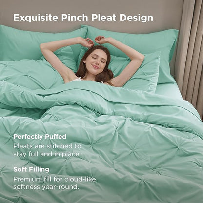 Bedsure California King Comforter Set - Bed in a Bag Cal King Bedding Set 7 PCS, GentleSoft™ Pintuck Bed Set Gift for Family, Pinch Pleat Mint Green Comforter with Sheets, Pillowcases & Shams