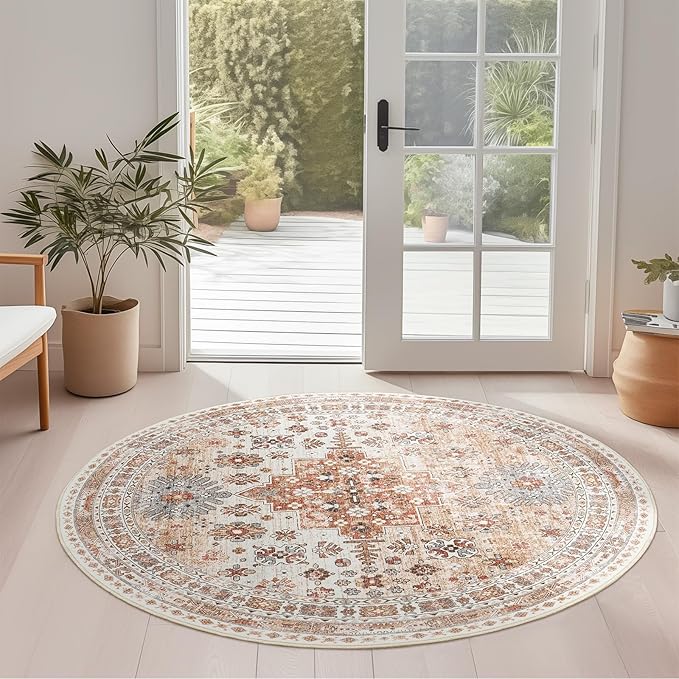 zesthome Washable Round Rug - 5ft Ultra-Thin Circle Area Rugs, Vintage Non-Slip Low Pile Rug for Living Room, Stain Resistant Rug for Bedroom, Entryway, Kitchen, Nursery