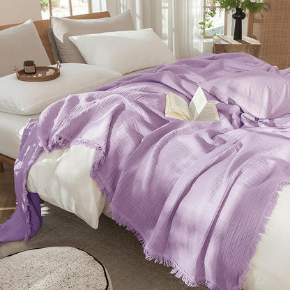MooMee Muslin Blanket - 100% Cotton 4-Layer Gauze Throw Blanket with Tassels Ultra-Soft Breathable Lightweight Cooling for Bed Couch (Light Purple,Oversize Queen 98" x 98")