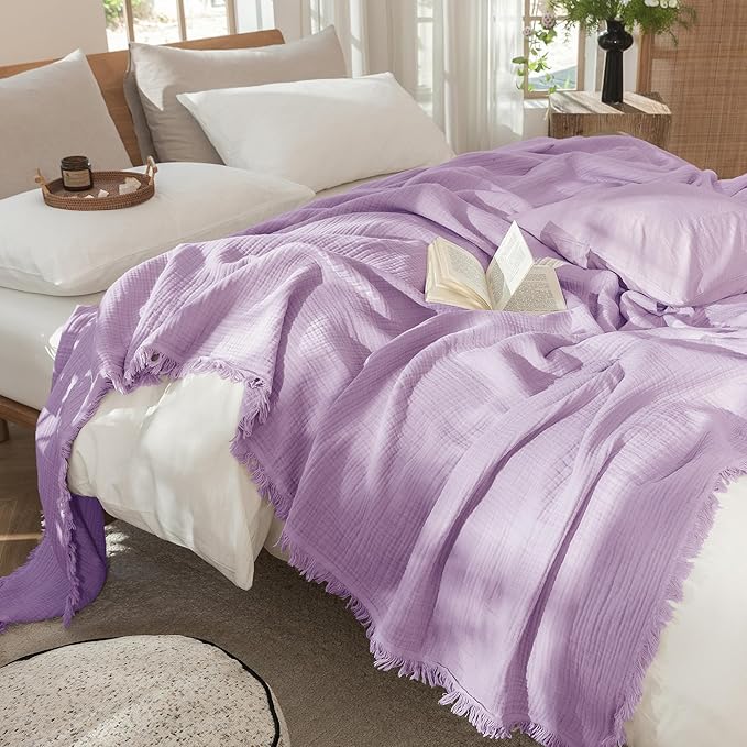 MooMee Muslin Blanket - 100% Cotton 4-Layer Gauze Throw Blanket with Tassels Ultra-Soft Breathable Lightweight Cooling for Bed Couch (Light Purple,Throw 60" x 50")