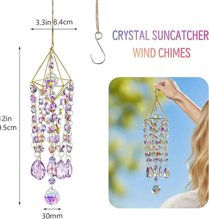 HDCRYSTALGIFTS 21.5inch Crystal Prisms Suncatcher for Window Hanging, Rainbow Maker Crystal Sun Catcher Indoor Window Glass Wind Chimes Home Garden Decor, Purple