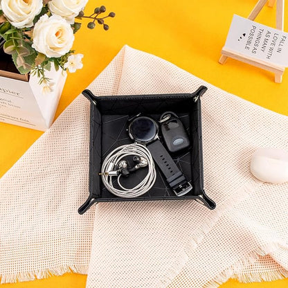 PU Leather Valet Tray for Mens and Women Catchall Tray for Keys,Watch,Jewelry Small Nightstand Bedside and Entry Table Tray Gift for Dad Husband (BlackChequer)