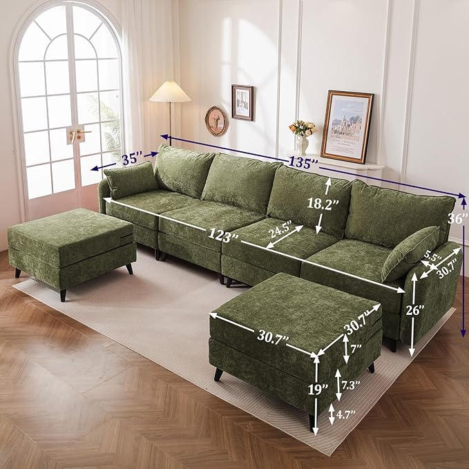 135'' Modular Sectional Sofa with Seats Storage, Oversized U Shaped Couch for Living Room,4-Seater Comfy Cloud Couches with Deep Seat,Movable Ottoman,2 Throw Pillow,Chenille,Green