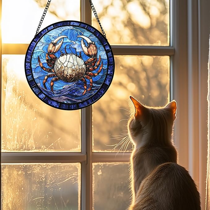 DASTOLL Stained Glass Window Hanging 4 Pcs Set Blue Ocean Waves 9.8" - Starfish Crab Seal Suncatcher Door Garden Sun Catcher Decor Birthday for Mom Woman Nana Men Friend