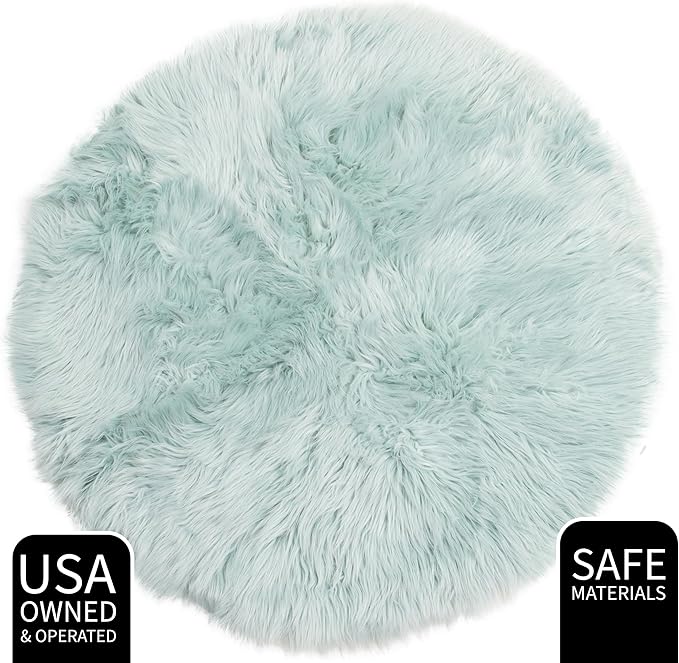Super Area Rugs Ultra Soft & Fluffy Faux Sheepskin Rug, Teal 3 x 3 Feet Round Carpet for Bedroom Living Room