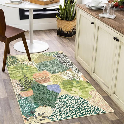 DEXDE 2x3 Area Rug, Small Boho Rugs Entryway Doormat Indoor Machine Washable Non-Slip Abstract Botanical Leaves Floral Print Floor Carpet for Living Room, Bedroom, Office, Kids Playroom,Green