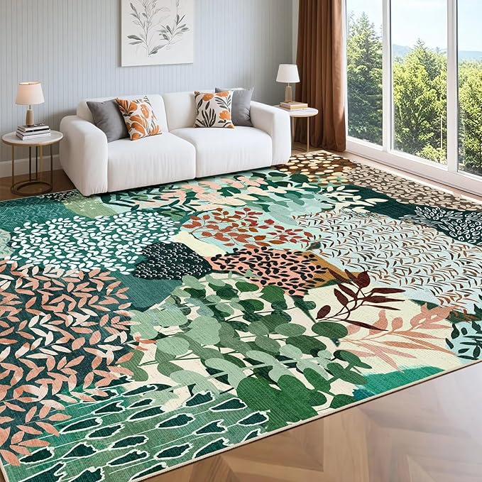 DEXDE 8x10 Area Rug, Soft Washable Abstract Area Rugs Non-Slip Vintage Boho Rug Leaves Floral Print Carpet for Living Room Bedroom Office Dining Room Playroom, Dark Green