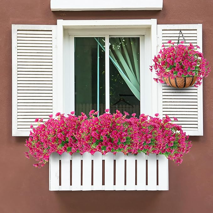 Artificial Flowers for Outdoors 12 Bundles Realistic Faux Plants UV Resistant Fake Silk Morning Glory with Eucalyptus for Front Door Planter Patio Porch Outside Spring Summer Decoration (Magenta)