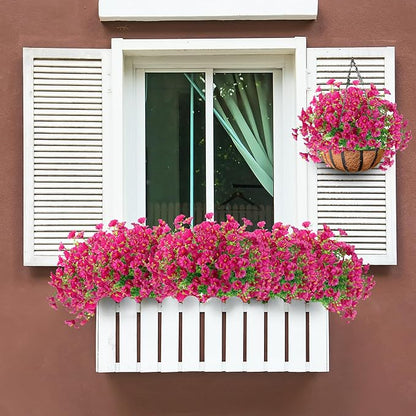 Artificial Flowers for Outdoors 12 Bundles Realistic Faux Plants UV Resistant Fake Silk Morning Glory with Eucalyptus for Front Door Planter Patio Porch Outside Spring Summer Decoration (Magenta)