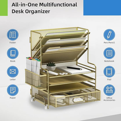 4-Tier Paper Organizer + 3-Pocket File Holder + Drawer + Pen Holders, Desktop File Organizers Paper Tray for Office Supplies School Classroom Organization (Gold, with Drawer & Pen Holder)