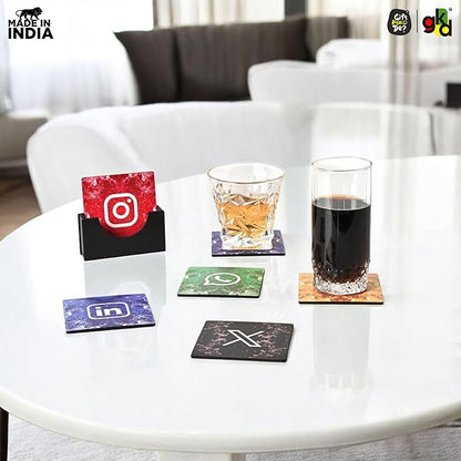 GKD Social Media Wooden Coasters for Drinks, MDF Wooden Coasters Set of 6 with Holder, 3.8 inches Eco-Friendly Absorbent Coaster for Coffee Table, Office, Bar, Drinking Glasses, Tabletop Protection