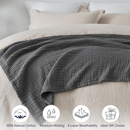 PHF 100% Cotton Muslin Blanket Twin XL Size 66"x90", 4-Layer Lightweight Gauze Throw, Breathable Cloud-Soft Minimalist Blanket for Bed, Couch, Camping & Baby, Greyish Black, Ideal Gift