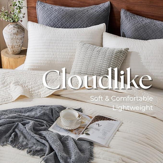 DOWN HOME Cali King Quilt Bedding Set with Shams, Vintage Washed Quilted Blanket Thin Comforter Lightweight Bedspread Coverlet Bed Cover, Brushed Microfiber Stripe Stitching, Linen White, 111"x92"