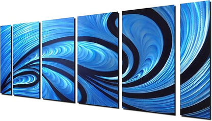 Unique Metal Wall Sculpture, Metal Wall Art with proud as a peacock design, Abstract Blue and Black Modern and Contemporary Décor, Aluminum Artwork, Indoor and Outdoor decoration, 6 panels 64"Wx24"H