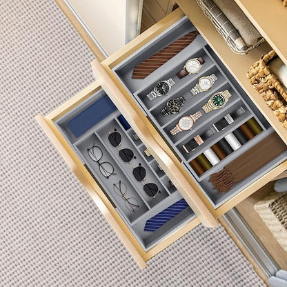 Large Premium Bamboo Silverware Organizer - Expandable Drawer Organizer & Utensil Organizer - 17"x19.7" Cutlery Tray with Dividers for Kitchen Utensils and Flatware (7-9 Slots) (Grey)