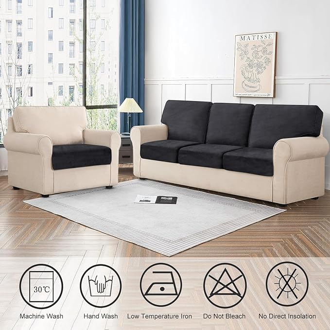 Couch Cushion Cover Velvet 1 Piece Seat Cushion Cover Stretch Armchair Cover Separate Sectional Sofa Slipcovers Furniture Protector (1-Seater or Sofa Backrest, Black)
