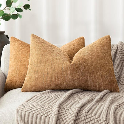Foindtower Set of 2 Textured Chenille Throw Decorative Pillow Covers Square Accent Solid Cushion Cover Neutral Farmhouse Lumbar Pillow Case for Couch Sofa Bedroom Living Room 12x24 Inch,Golden Brown